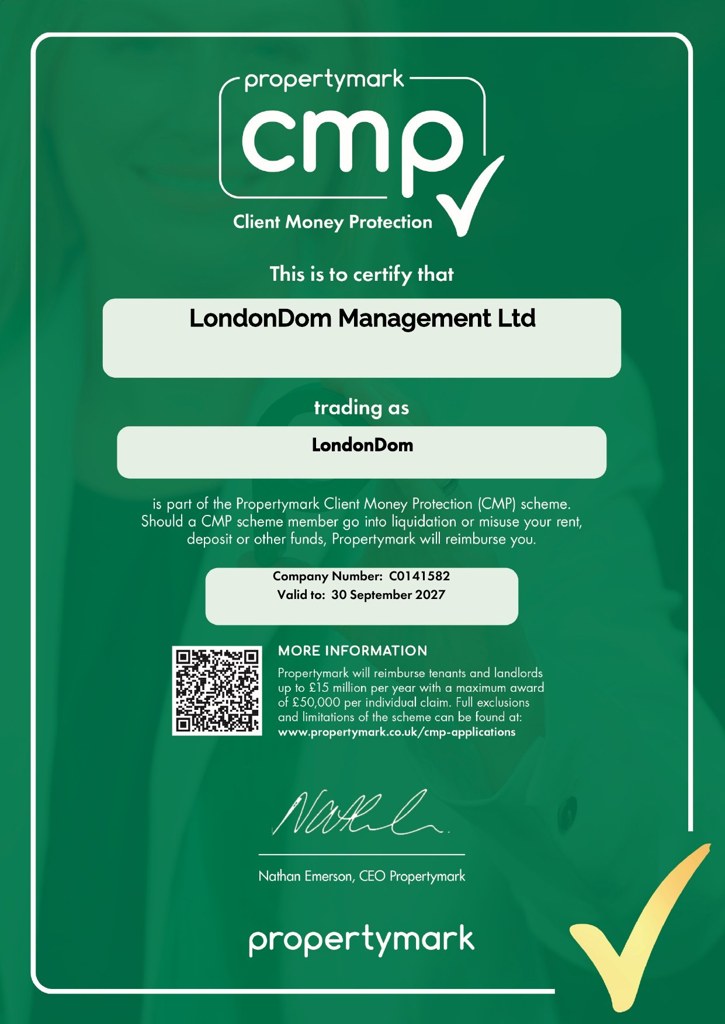 Propertymark Client Money Protection certificate for LondonDom Management Ltd, valid to 30 September 2027